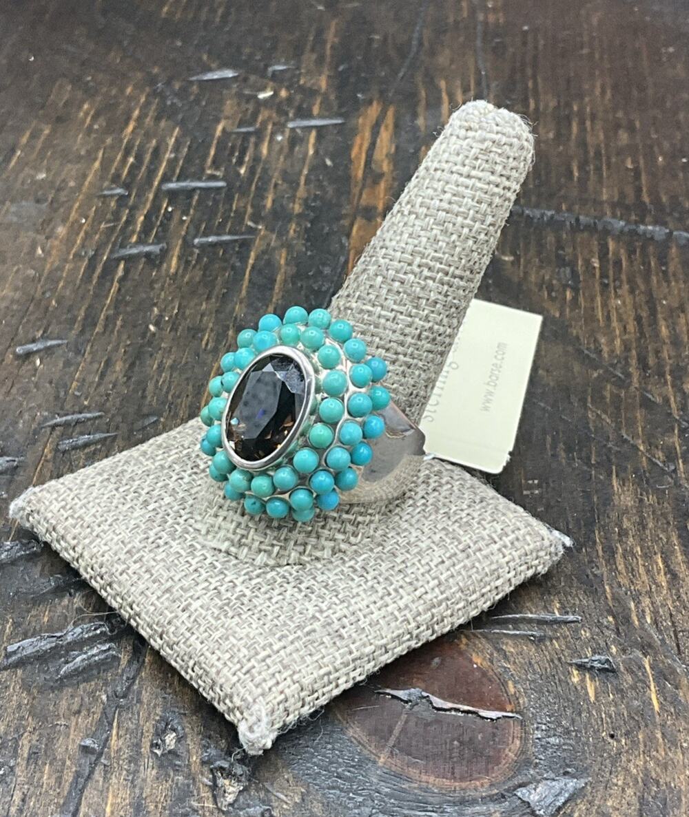 Barse Cluster Dome Ring- Turquoise& Smoky Quartz- Sterling Silver- 12-NWT